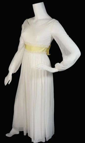 1960's White Silk Chiffon Vintage Dress with Palazzo Pants Underneath