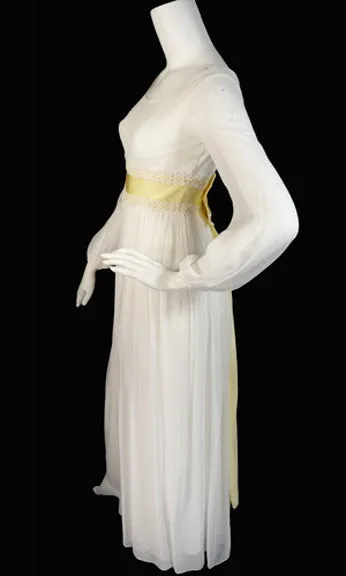 1960's White Silk Chiffon Vintage Dress with Palazzo Pants Underneath