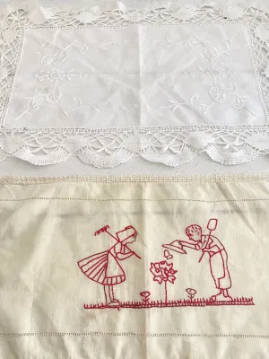 2 Vintage French LINEN napkins DOILY mats FILET LACE c1930