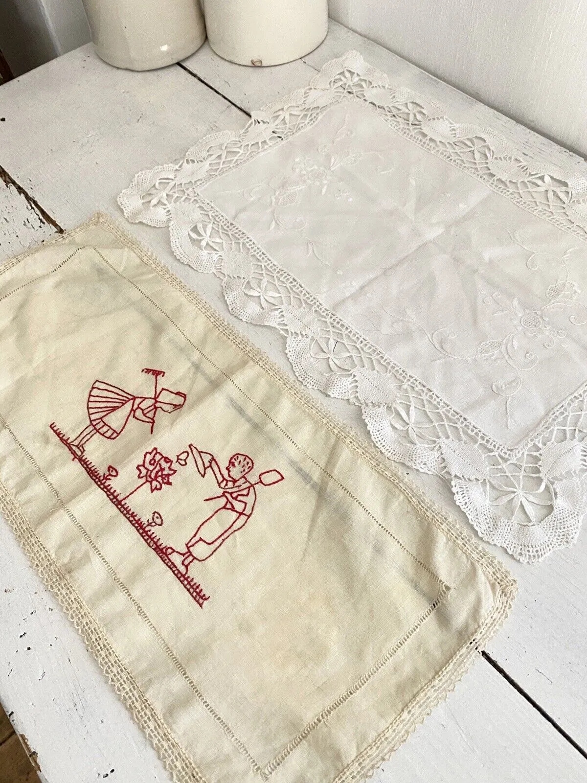 2 Vintage French LINEN napkins DOILY mats FILET LACE c1930