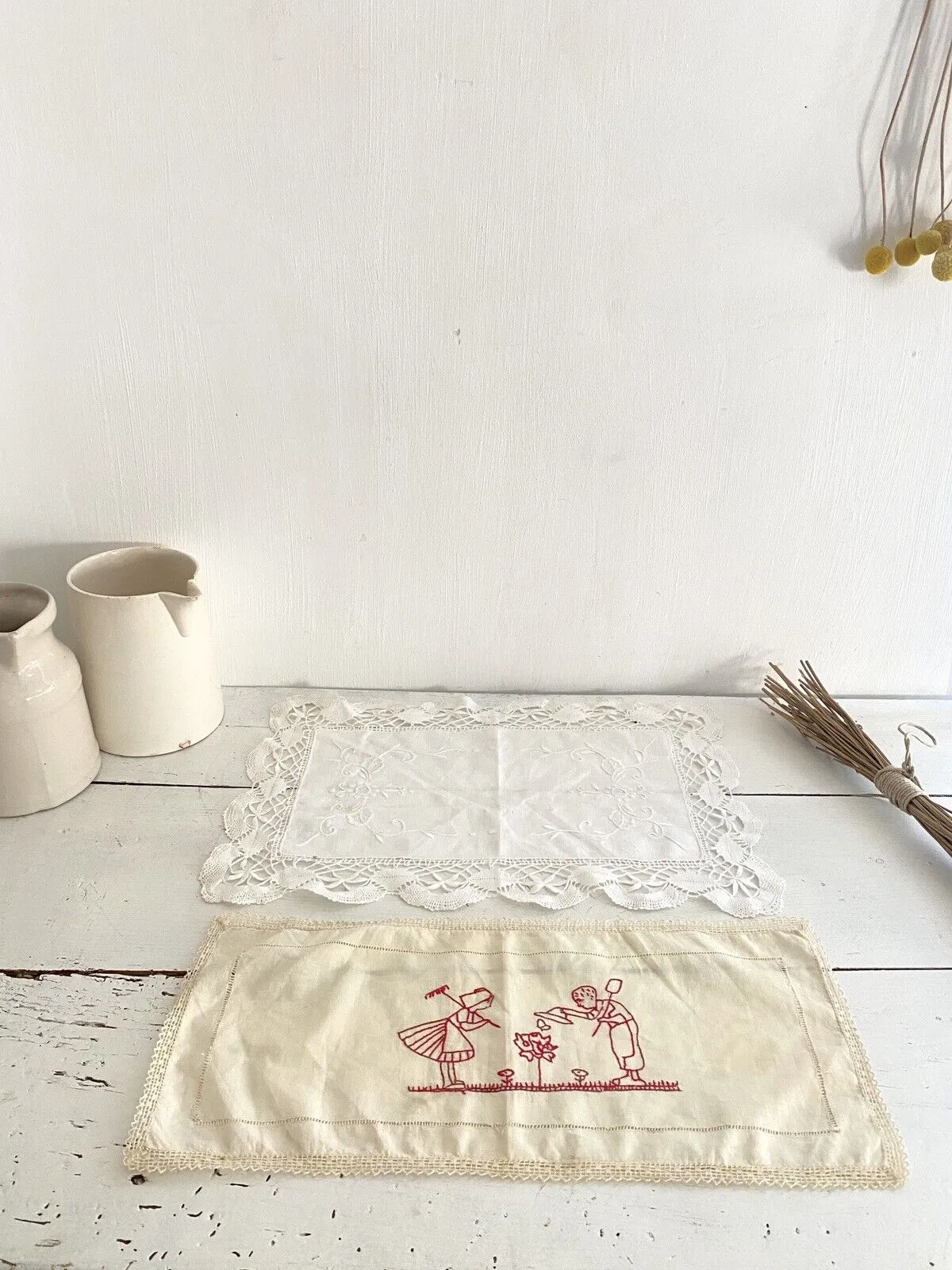 2 Vintage French LINEN napkins DOILY mats FILET LACE c1930