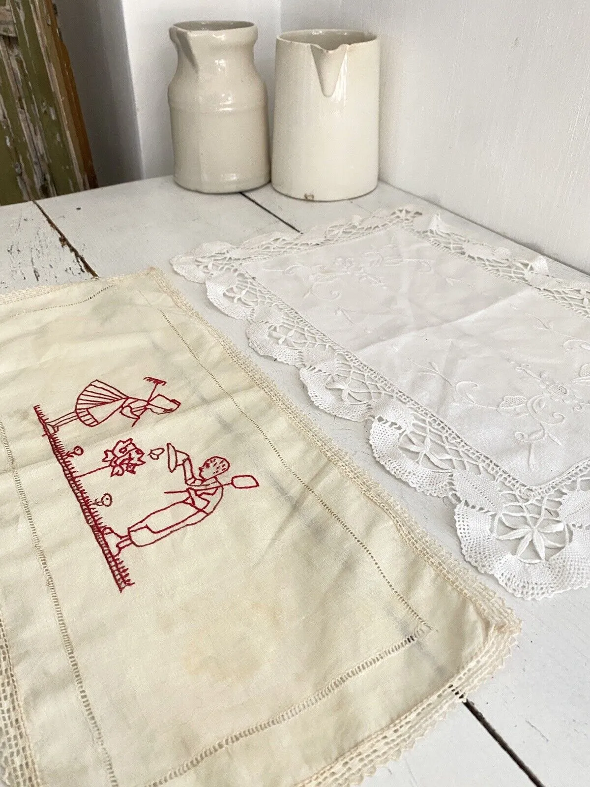 2 Vintage French LINEN napkins DOILY mats FILET LACE c1930