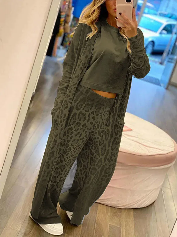 2Pcs Leopard Print Cardigan & Long Pants