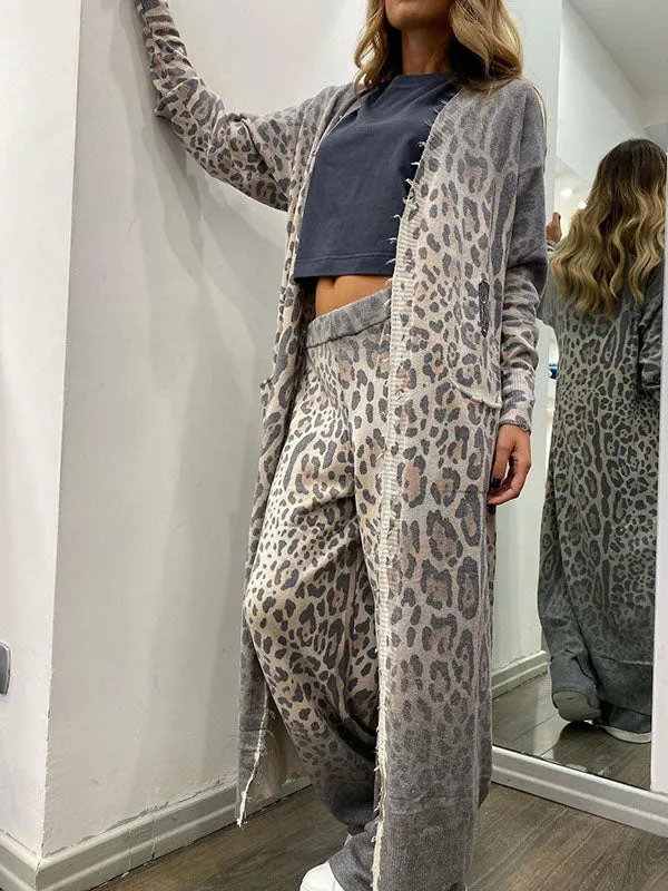 2Pcs Leopard Print Cardigan & Long Pants