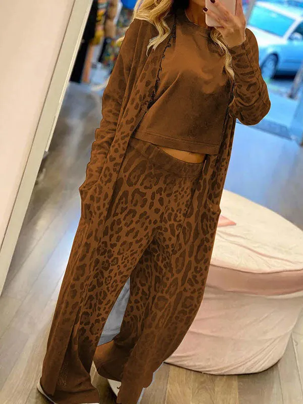 2Pcs Leopard Print Cardigan & Long Pants