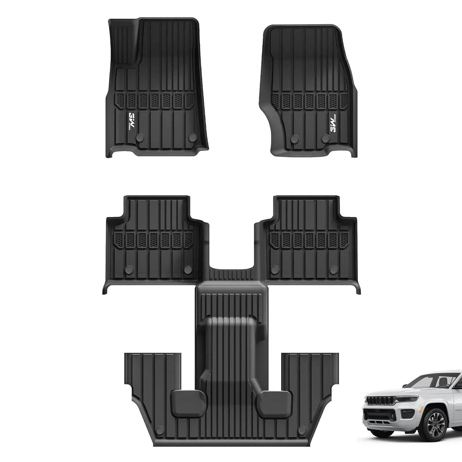 3W Jeep Grand Cherokee L 6 Seat 2021-2025 Custom Floor Mats / Trunk Mat TPE Material & All-Weather Protection