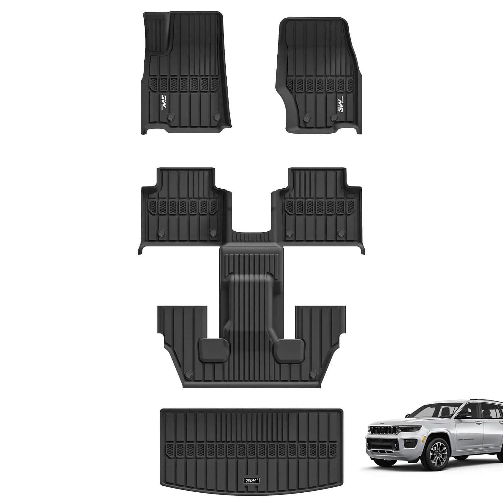 3W Jeep Grand Cherokee L 6 Seat 2021-2025 Custom Floor Mats / Trunk Mat TPE Material & All-Weather Protection