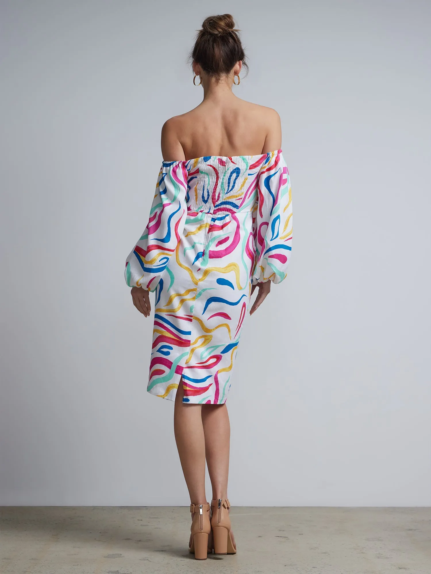 Abstract-Print Off-The-Shoulder Sheath Dress