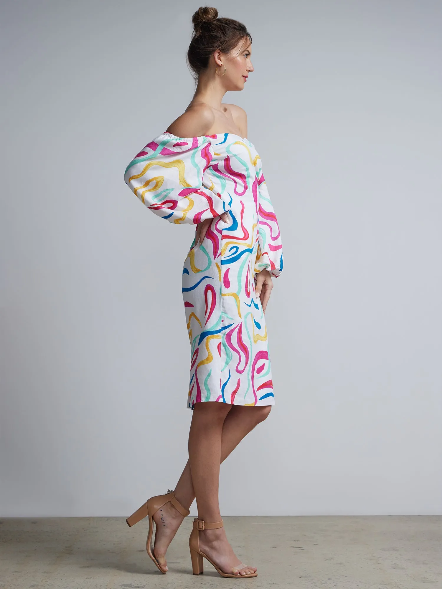 Abstract-Print Off-The-Shoulder Sheath Dress