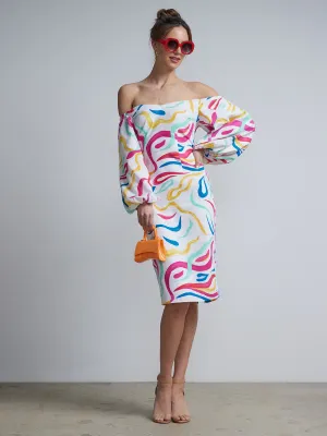 Abstract-Print Off-The-Shoulder Sheath Dress