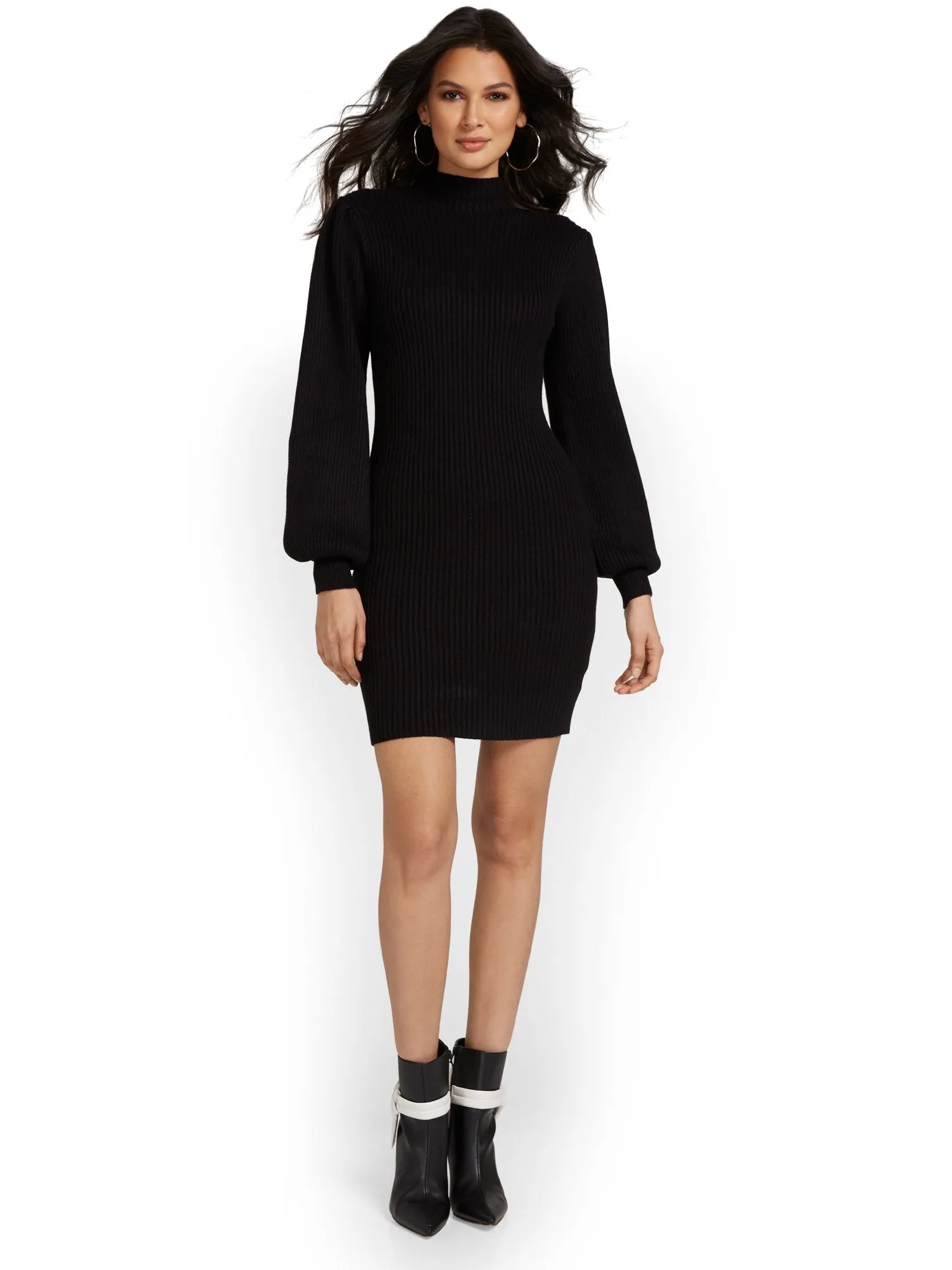 &Merci Balloon-Sleeve Ribbed Sweater Dress - Brands We Love