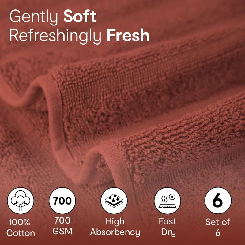 Anko Australia 100% Cotton 700 GSM Ribbed Hand Towel | Set of 6 | Super-Soft, Absorbent, Quick-Drying | Rust Towel for Men, Women & Kids | 60x40 cm |Travel, Gym, Spa Towel