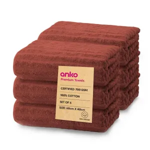 Anko Australia 100% Cotton 700 GSM Ribbed Hand Towel | Set of 6 | Super-Soft, Absorbent, Quick-Drying | Rust Towel for Men, Women & Kids | 60x40 cm |Travel, Gym, Spa Towel