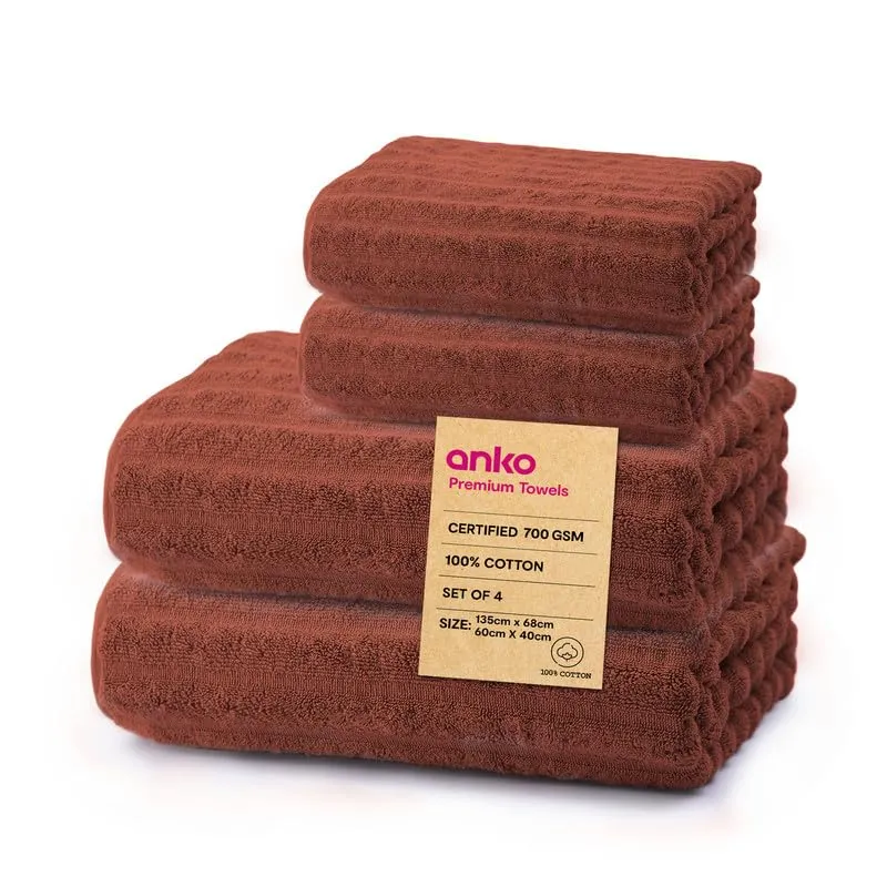 Anko Australia 100% Cotton 700 GSM Ribbed Towel Set | 2 Bath Towels, 2 Hand Towels | Super-Soft, Absorbent, Quick-Drying | Rust Cotton Towels for Bath, Travel & Gym | 135x68cm & 60x40cm