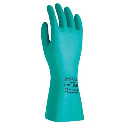 Ansell AlphaTec® Solvex® Nitrile Gloves, Gauntlet Cuff, Cotton Flock Lined, Size 7, Green, 15 mil, 37-175-7