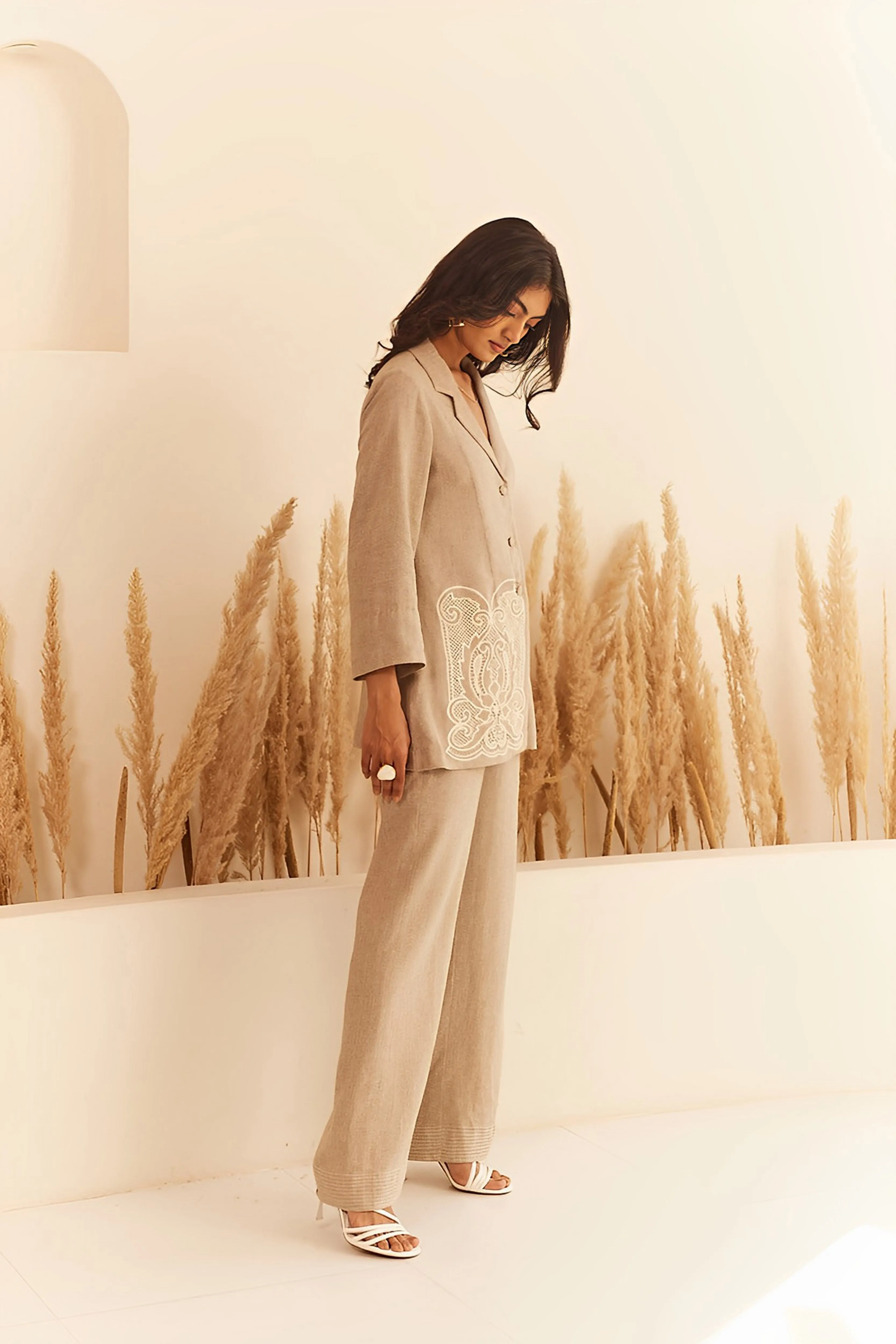 Beige Linen Coat Set