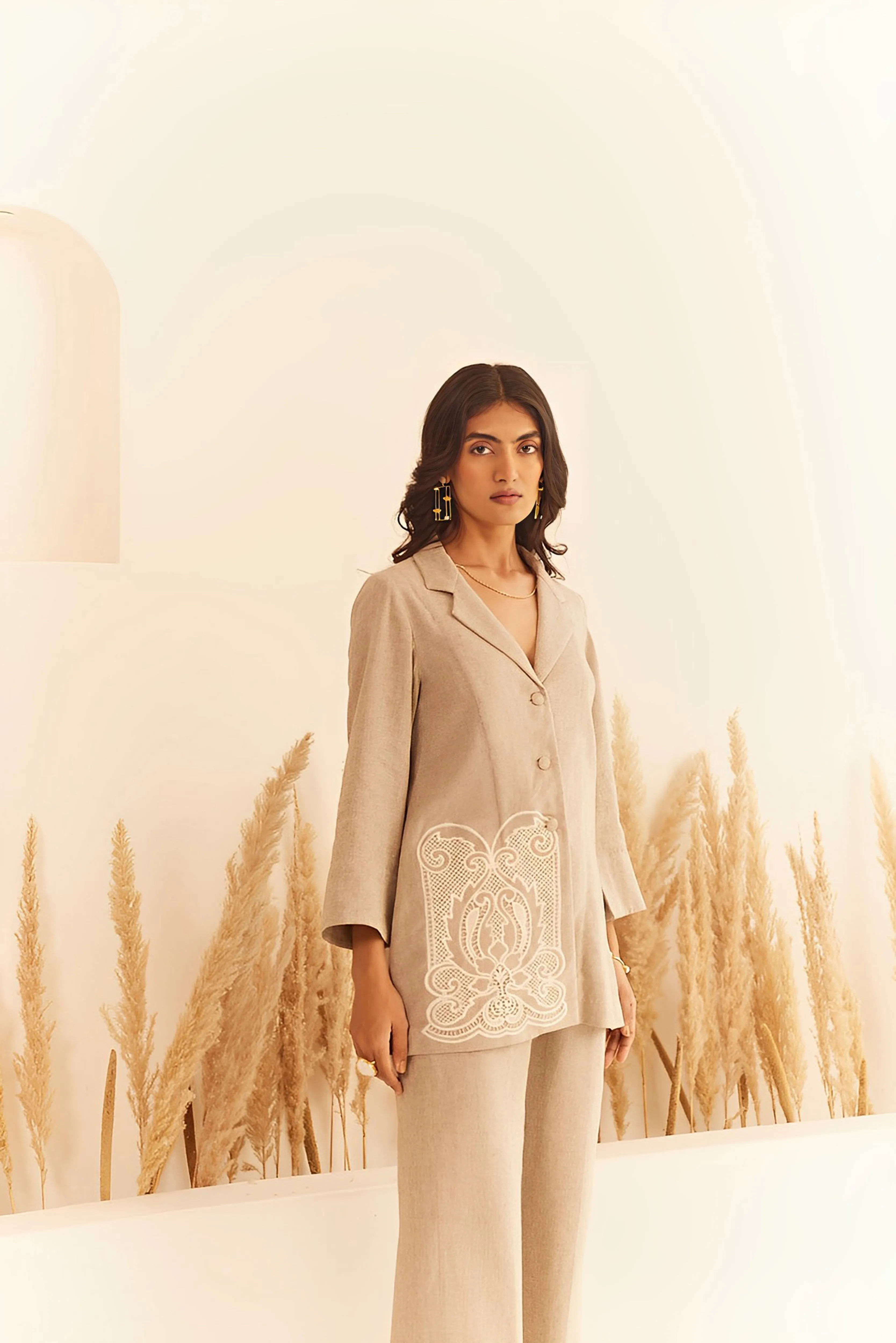 Beige Linen Coat Set