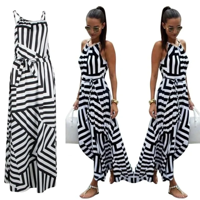 BIGSWEET Women's Trendy Fun Fashion Multiple Stripes Summer Maxi Long Dress