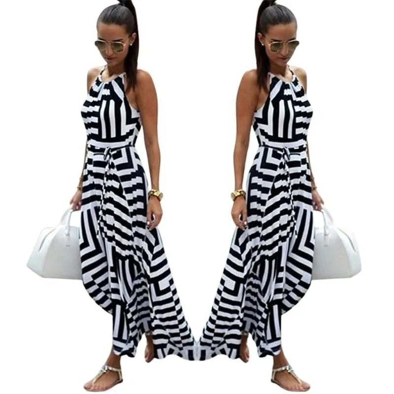 BIGSWEET Women's Trendy Fun Fashion Multiple Stripes Summer Maxi Long Dress