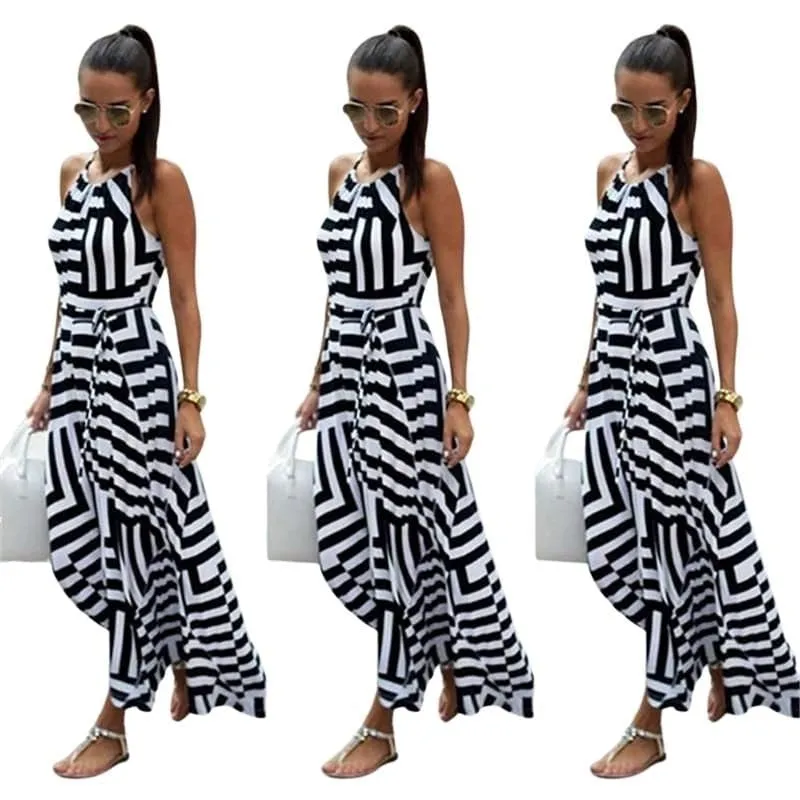 BIGSWEET Women's Trendy Fun Fashion Multiple Stripes Summer Maxi Long Dress