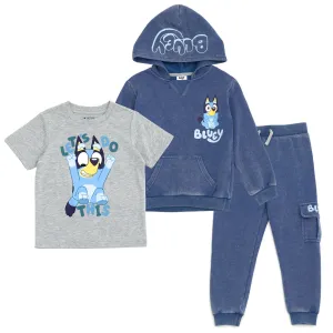 Bluey Fleece Waffle Knit Pullover Hoodie T-Shirt and Jogger Pants 3 Piece Outfit Set