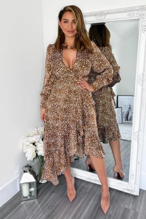 Brown And Cream Printed V-Neck Long Sleeve Midi Dress