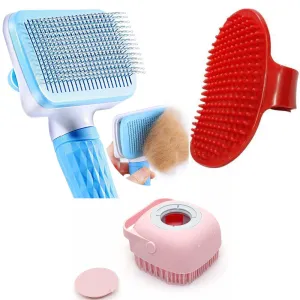 Chullbull Rectangle Slicker, Bath and Rubber Hand Brush Grooming Kit for Dogs