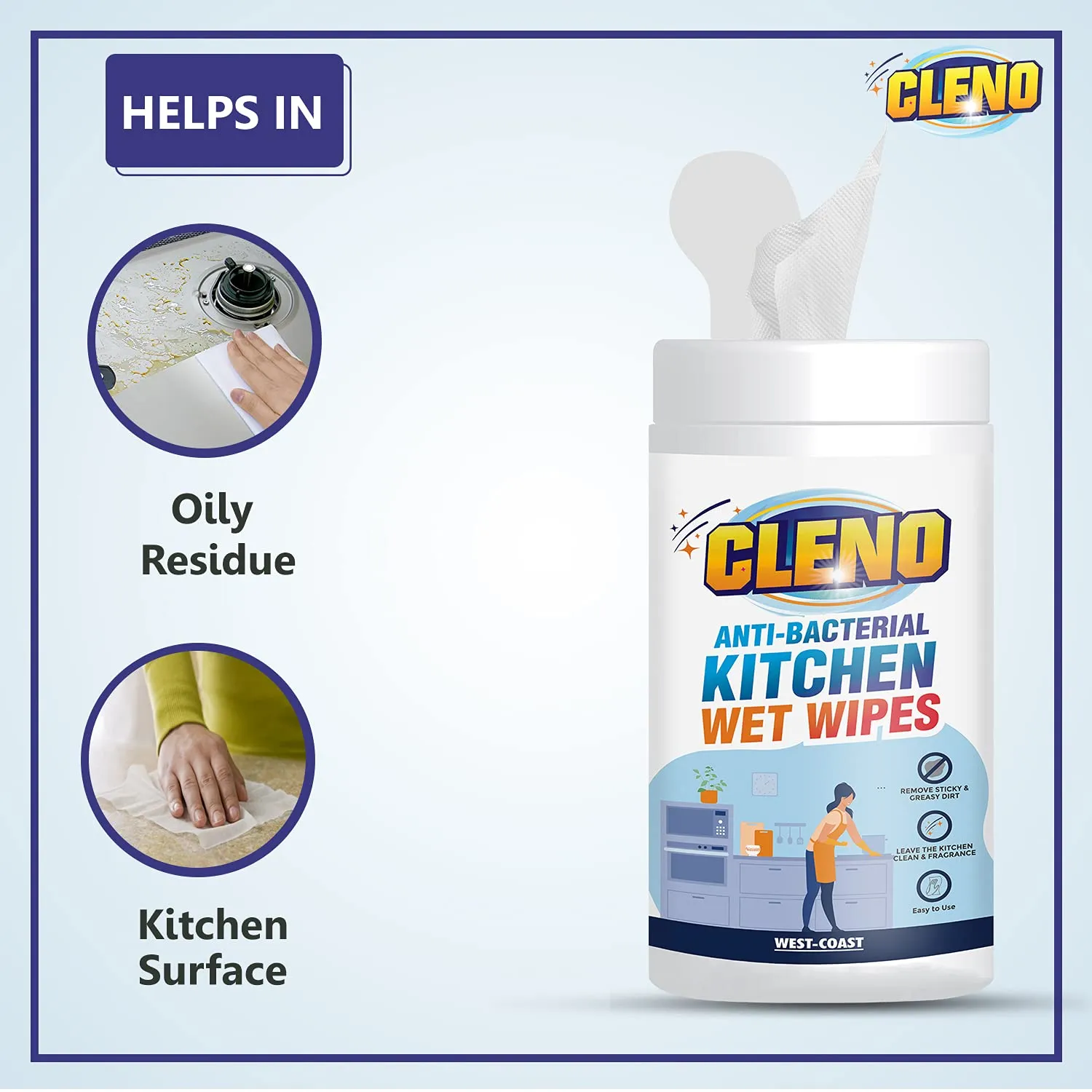 Cleno Kitchen Wet Wipes to Clean Sticky, Greasy Dirt on Platform, Shelves, Jars, Floor & Sink - 50 Wipes (Ready to Use)