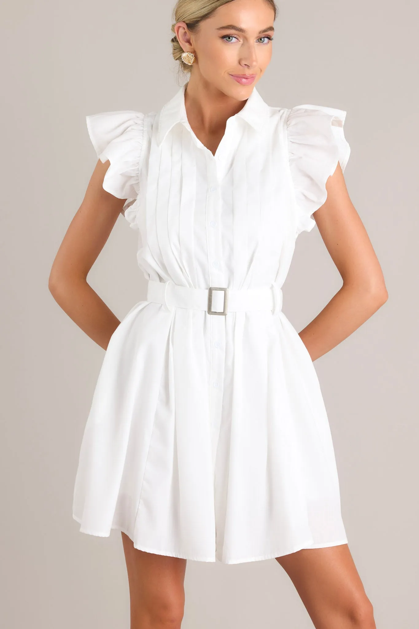 Glimpse Of Me White Belted Button Front Mini Dress