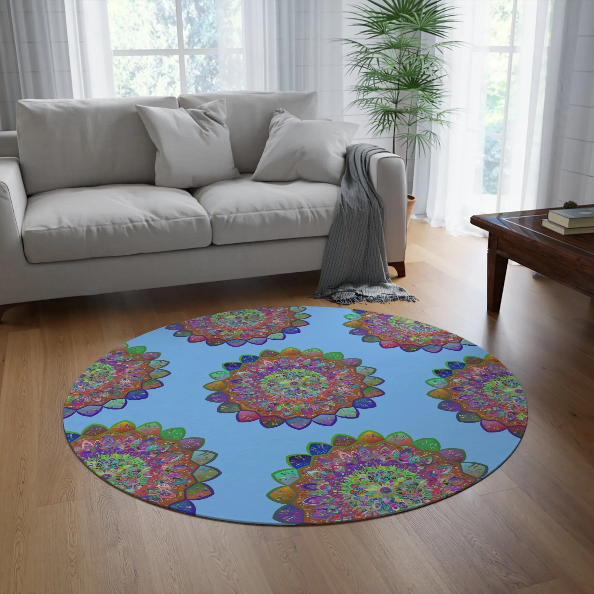 Handmade Mandala Round Rug - Grape Background - 60" Chenille