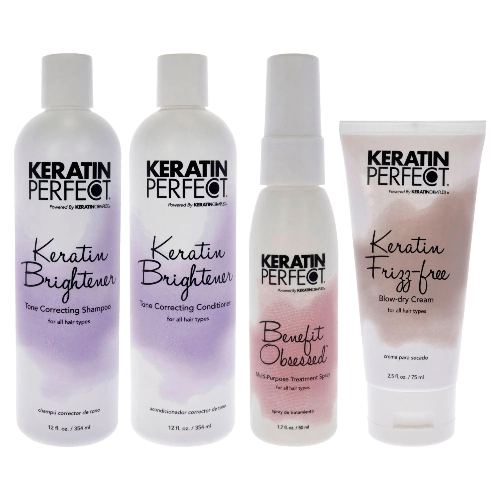 Keratin Brightener Kit by Keratin Perfect for Unisex - 4 Pc Kit 12oz Shampoo, 12oz Conditioner, 1.7oz Benefit Obsessed Treatment, 2.5oz Frizz-Free Bow Dry Cream