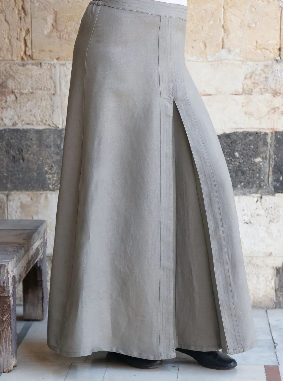 Linen Topstitched Pleat Maxi Skirt