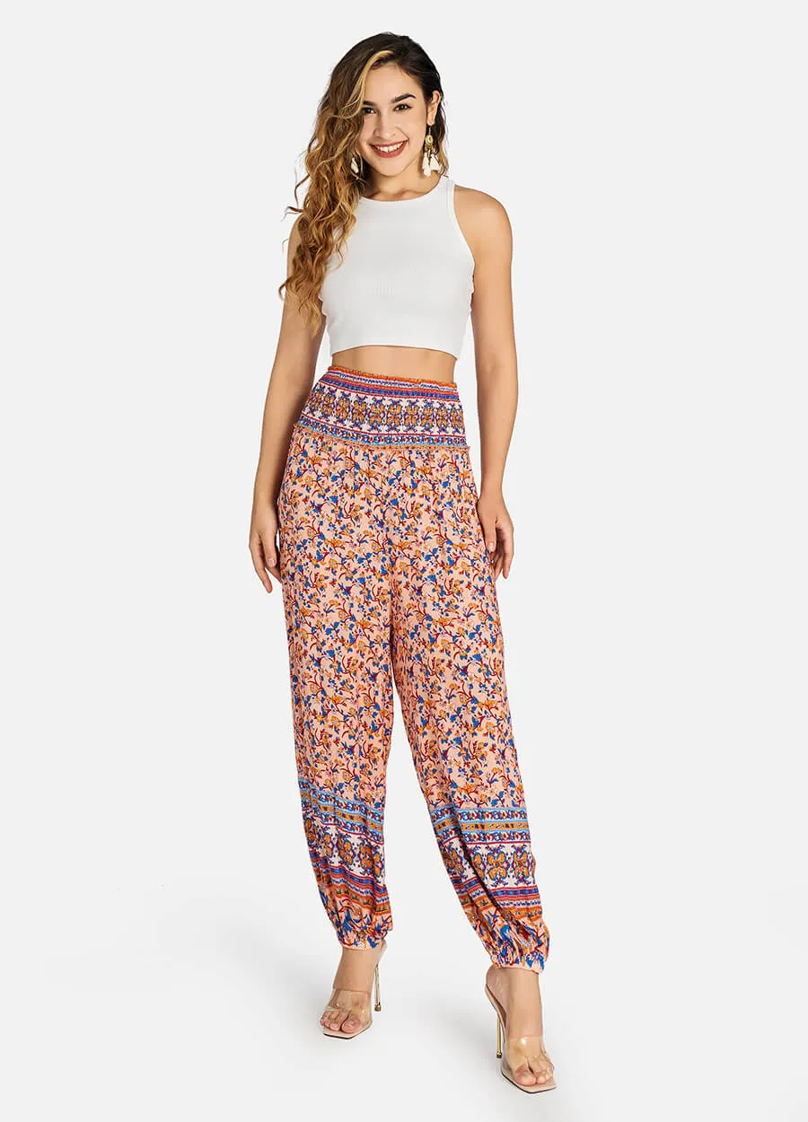 MECALA Women's Elastic Waist Vintage Print Pants