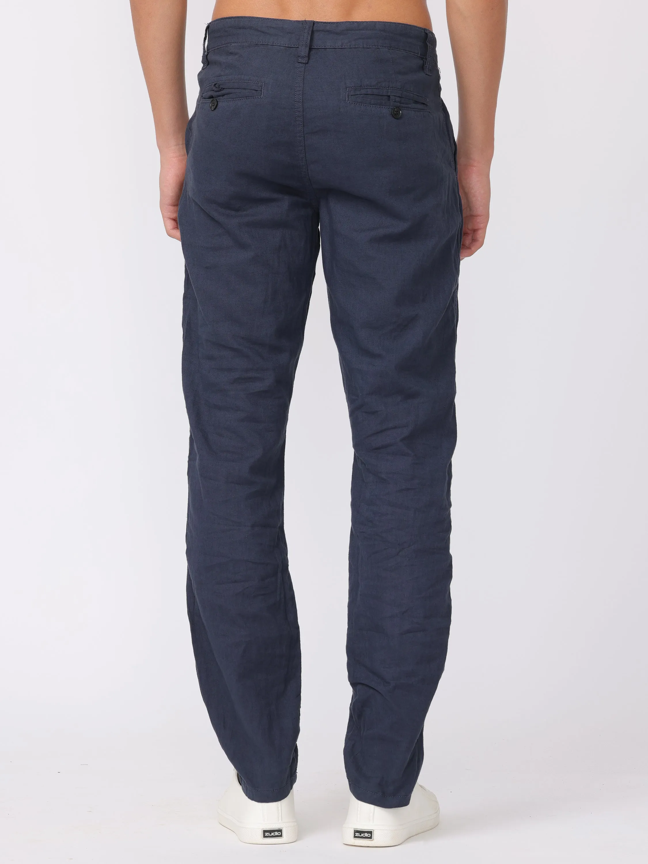 Men Navy Regular Fit Linen Blend Pants