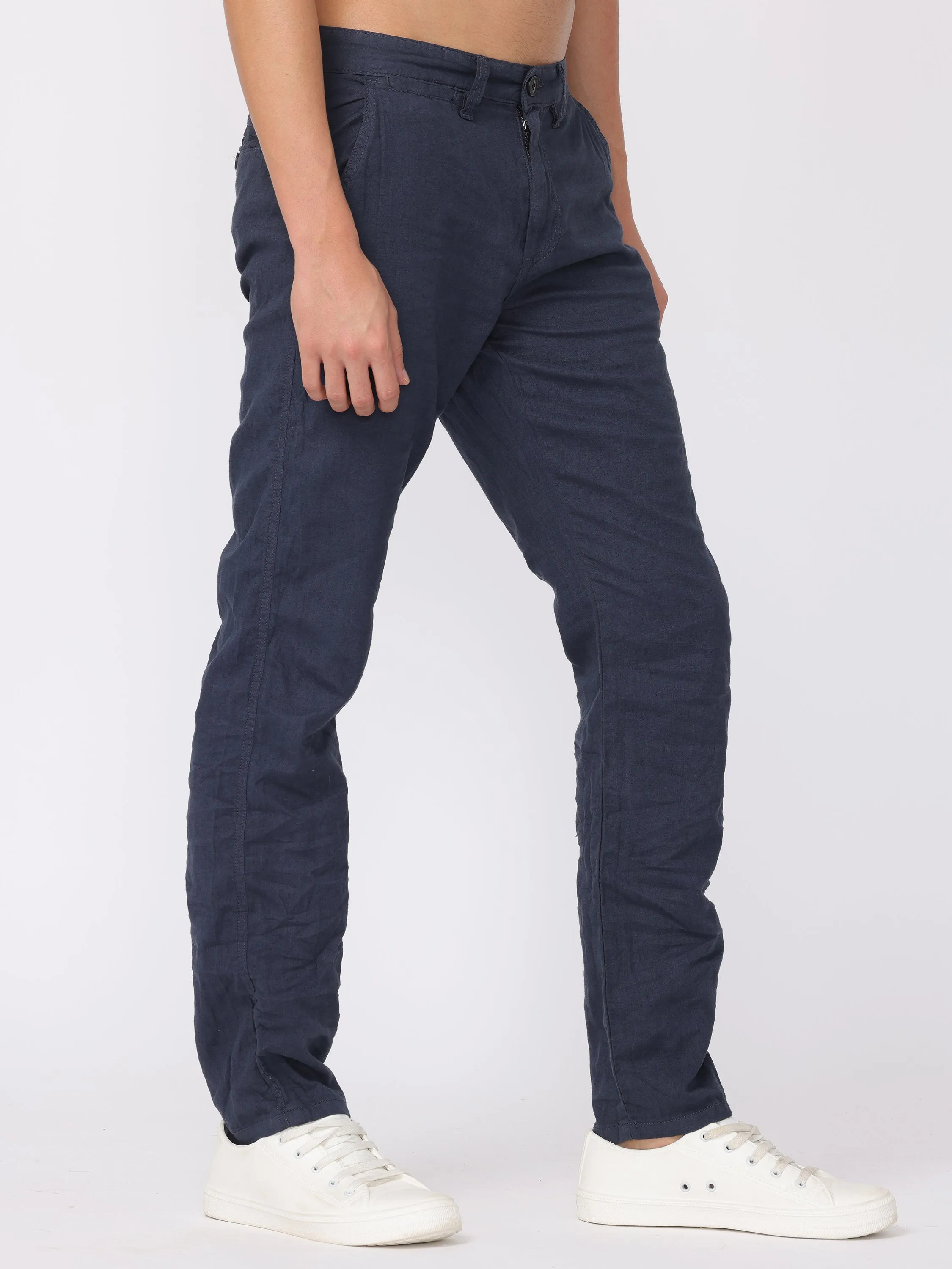 Men Navy Regular Fit Linen Blend Pants