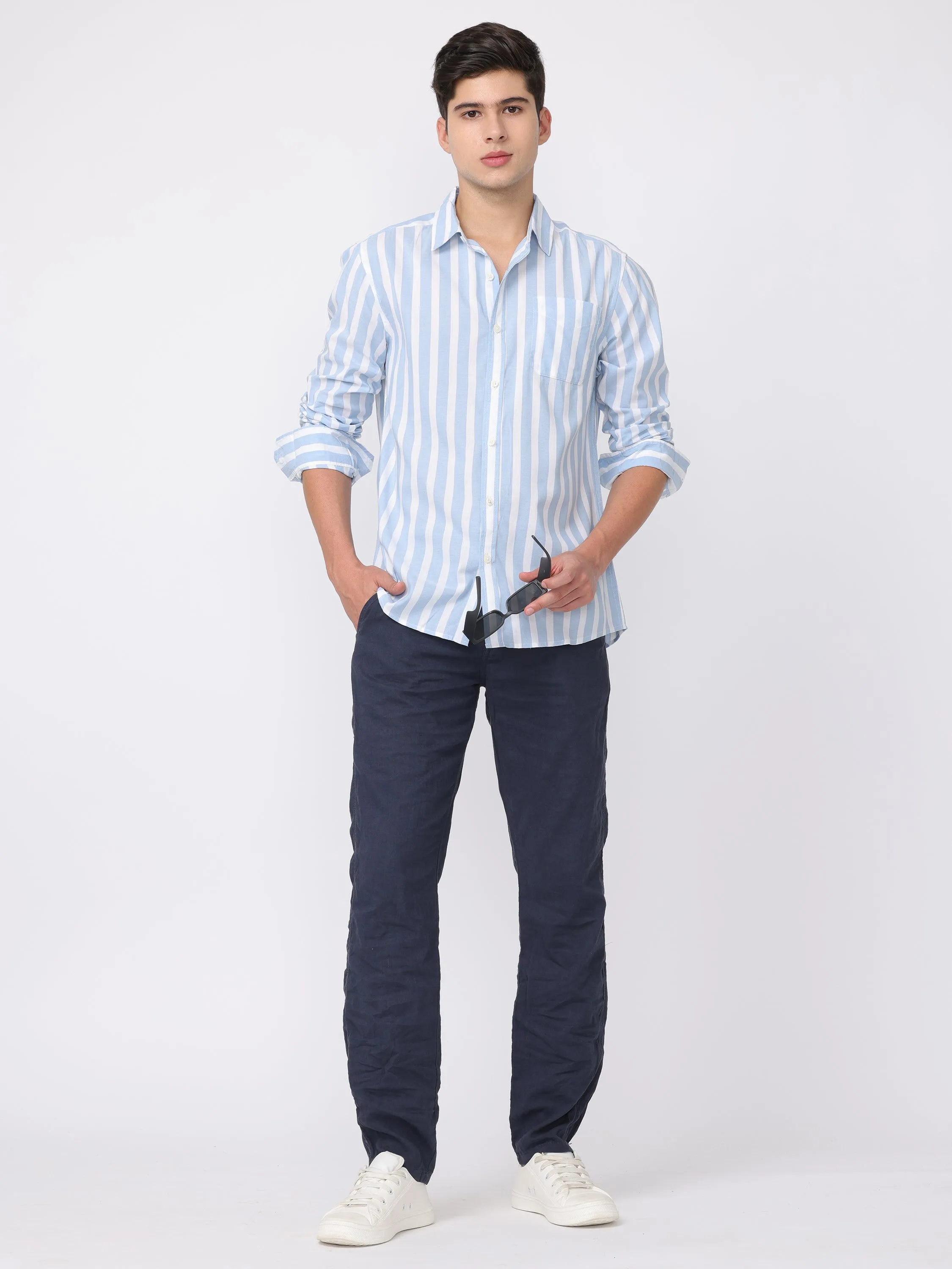 Men Navy Regular Fit Linen Blend Pants