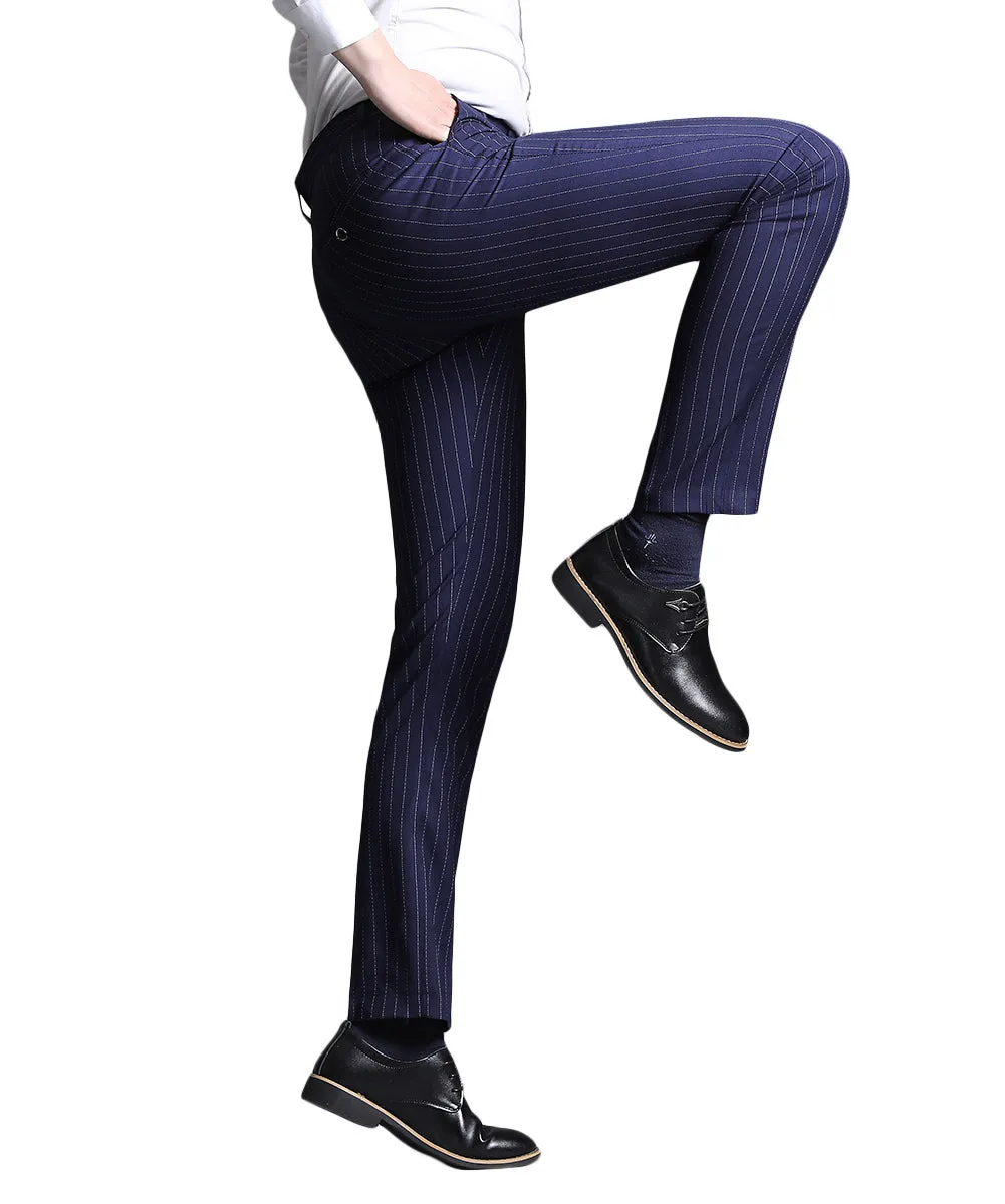 Men's Stripe Casual Slim Fit Pants Dress Pants Blue