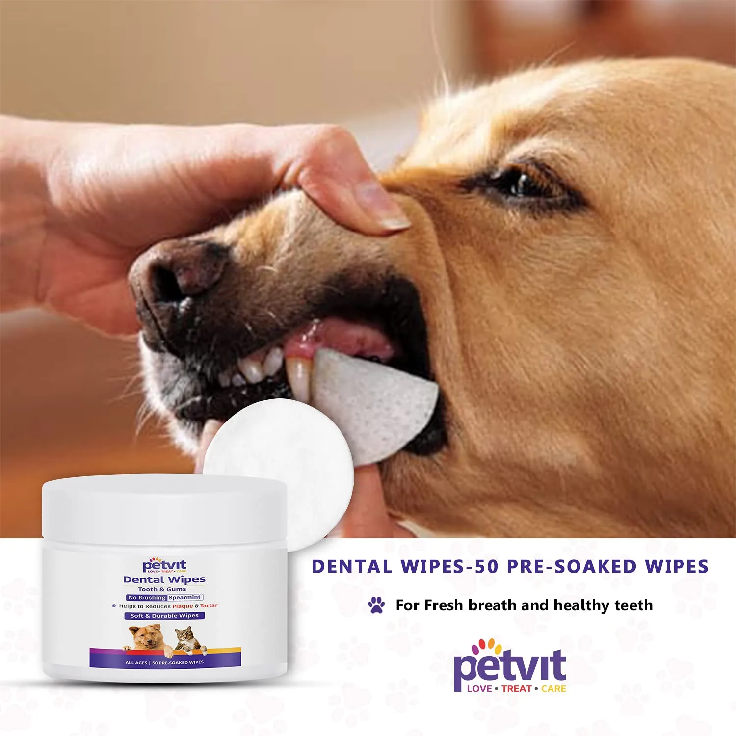 Petvit Dental Wipes for Tartar and Plaque Remover for Teeth Cleaning |Paraben Free & pH-Balance -for All Breed Dog & Cat - 50 Wipes for All Age Group