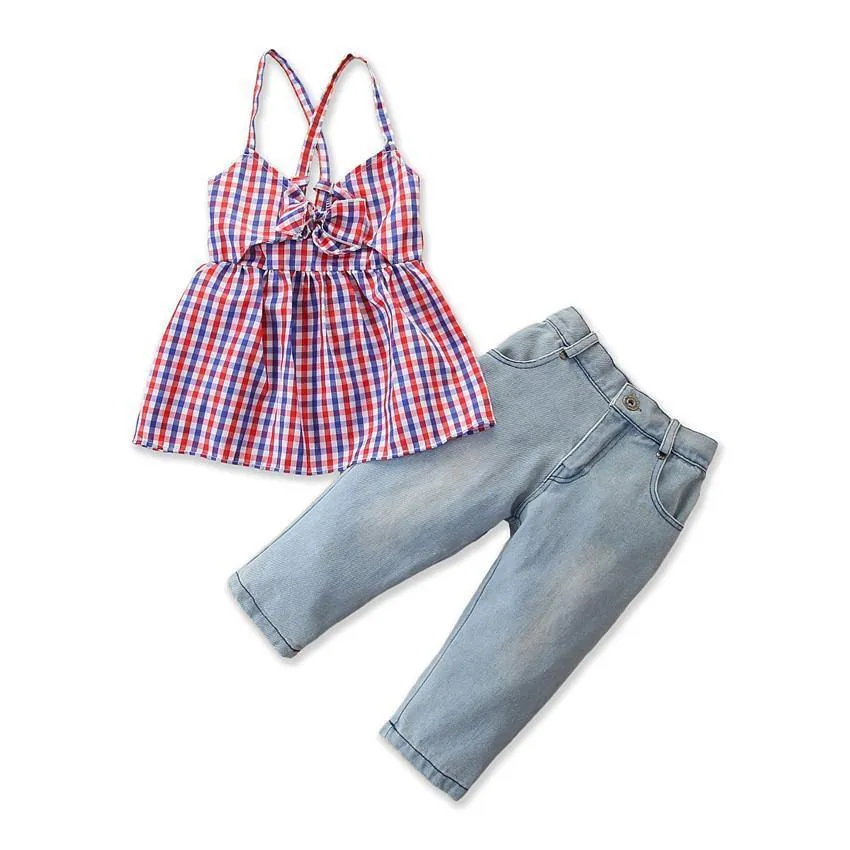 PINK CHECK STYLE SUNDRESS WITH SHOULDER STRAPS & DENIM PANTS