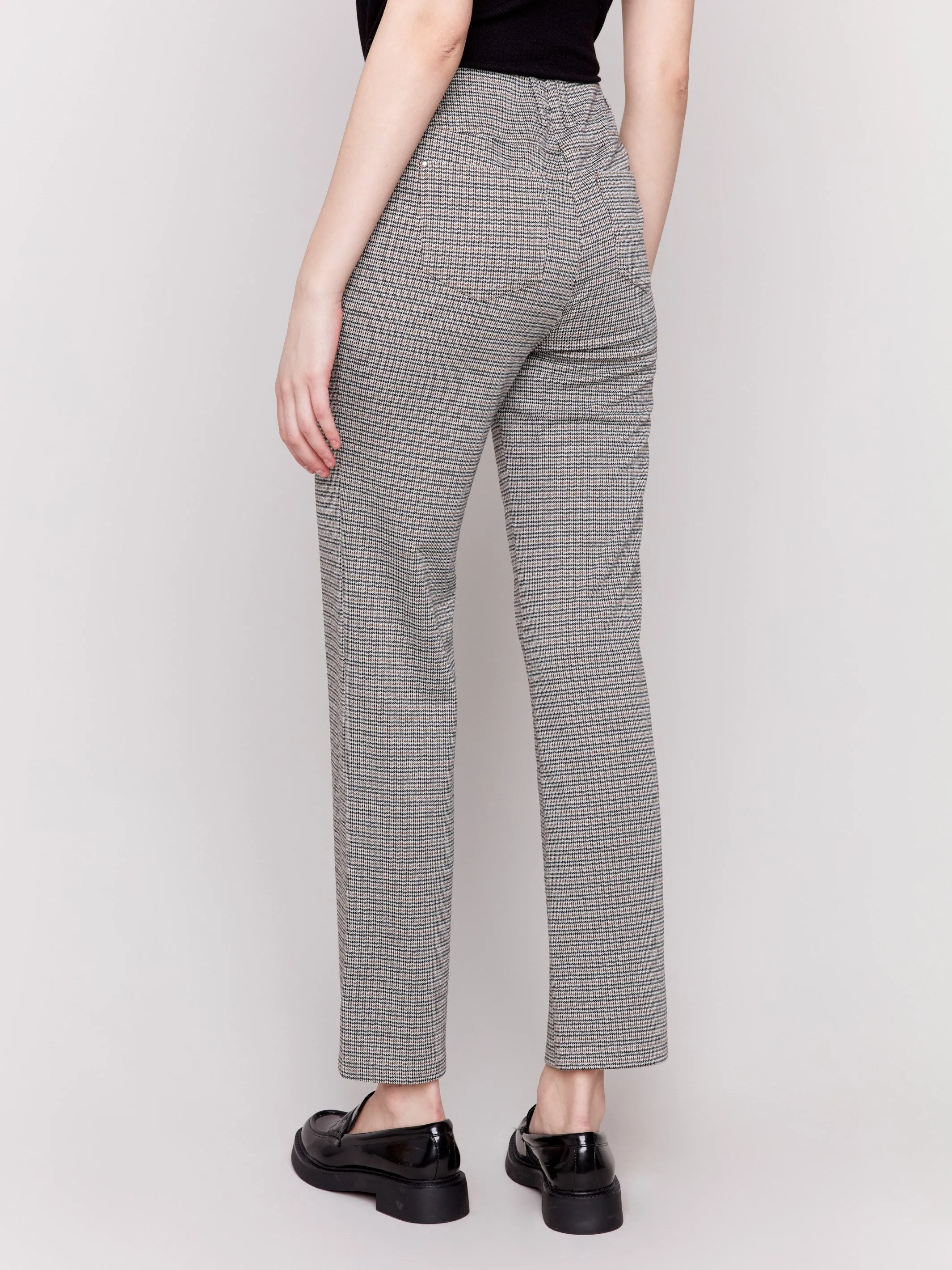 Plaid Ponte Pull-On Flare Pants - Truffle