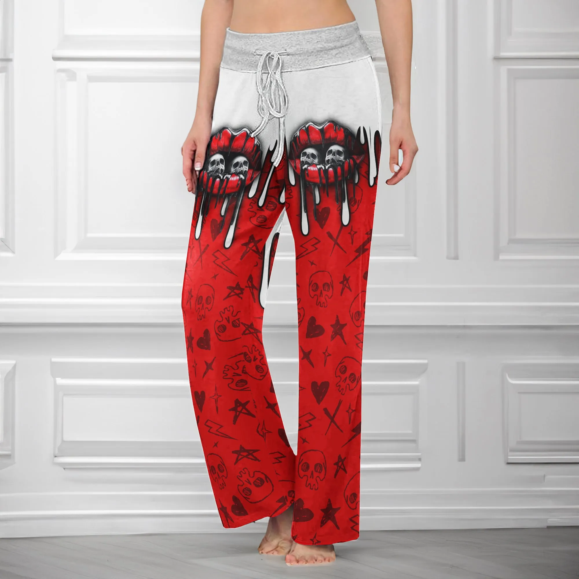 Red Skull Lip Melting Women's High-waisted Wide Leg Pants