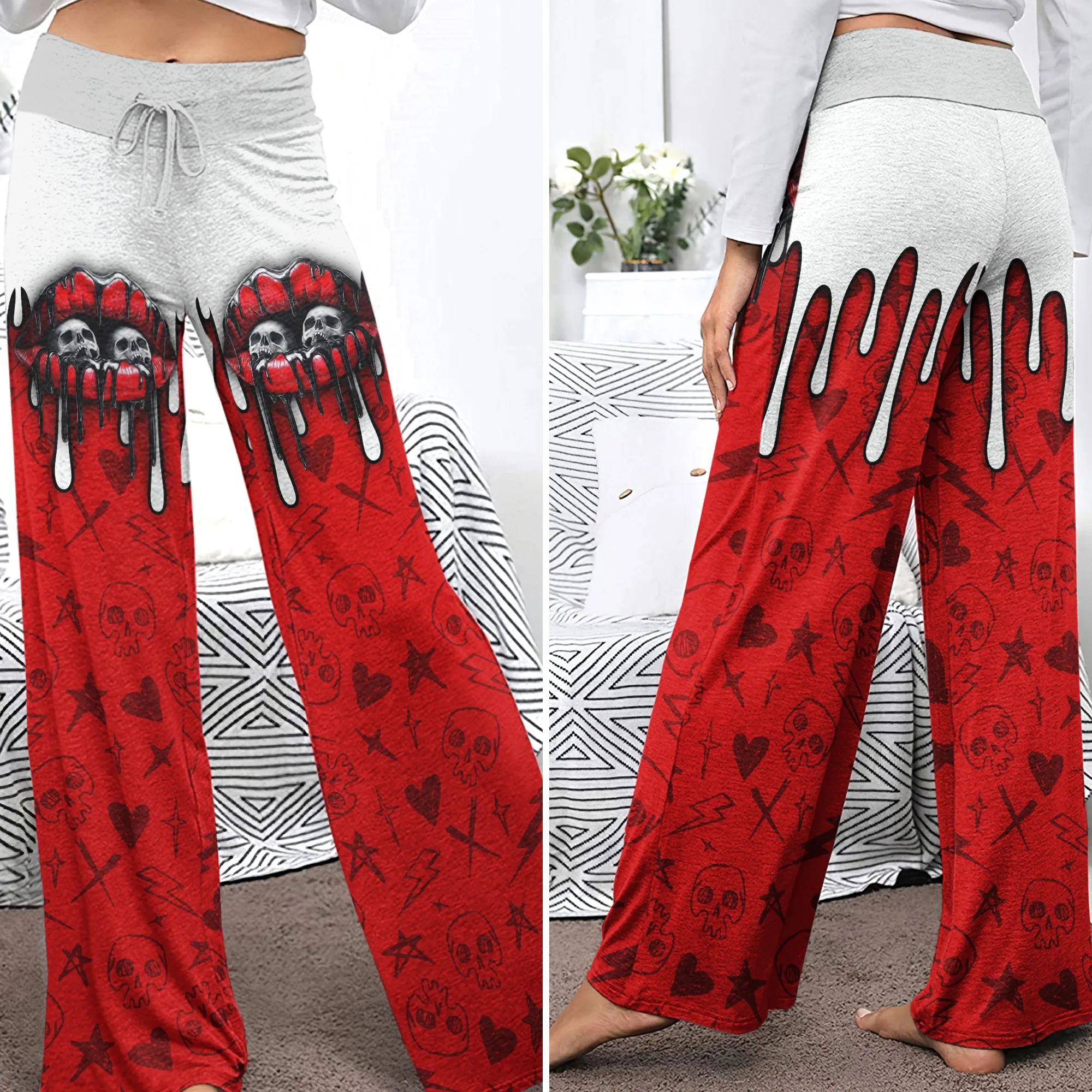 Red Skull Lip Melting Women's High-waisted Wide Leg Pants