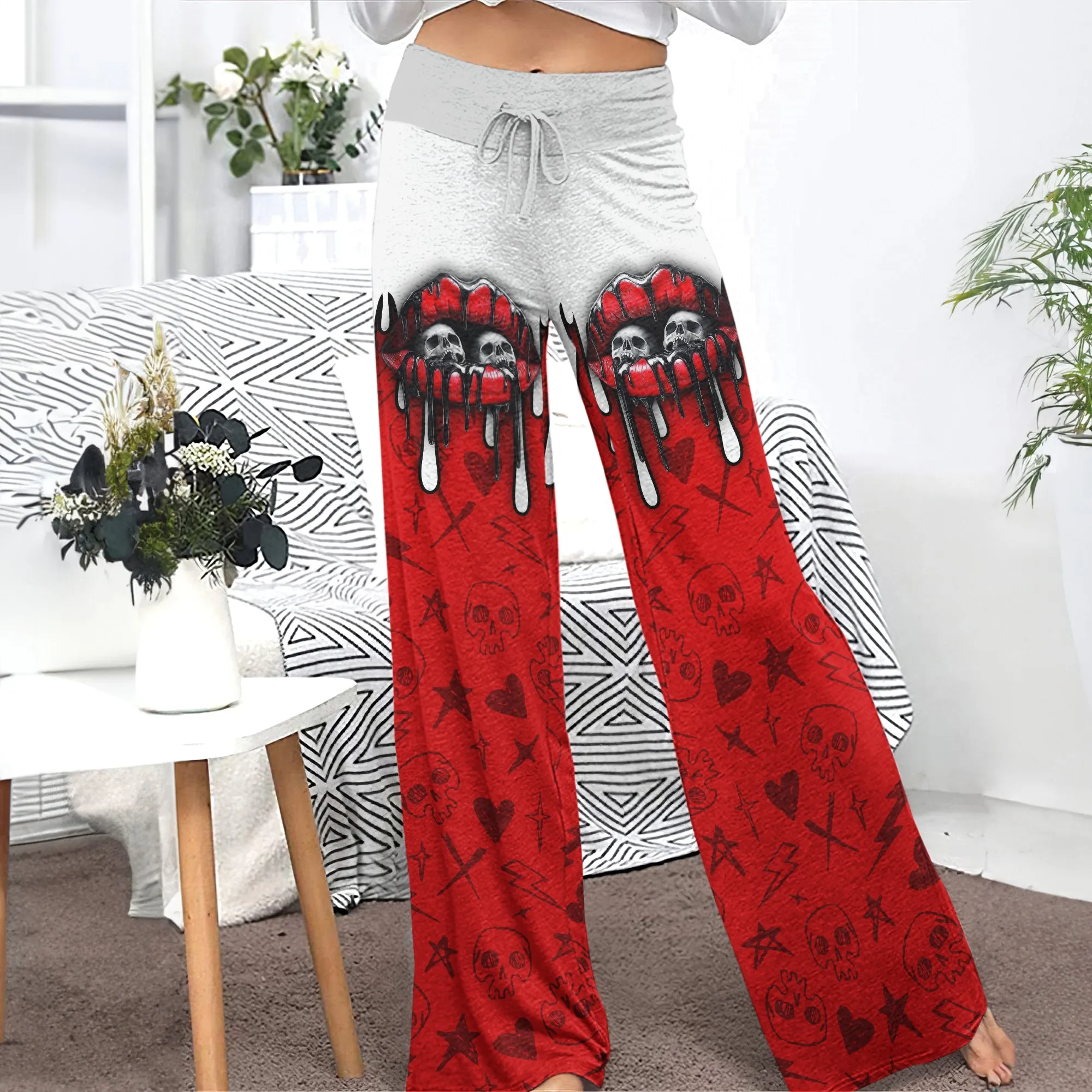 Red Skull Lip Melting Women's High-waisted Wide Leg Pants