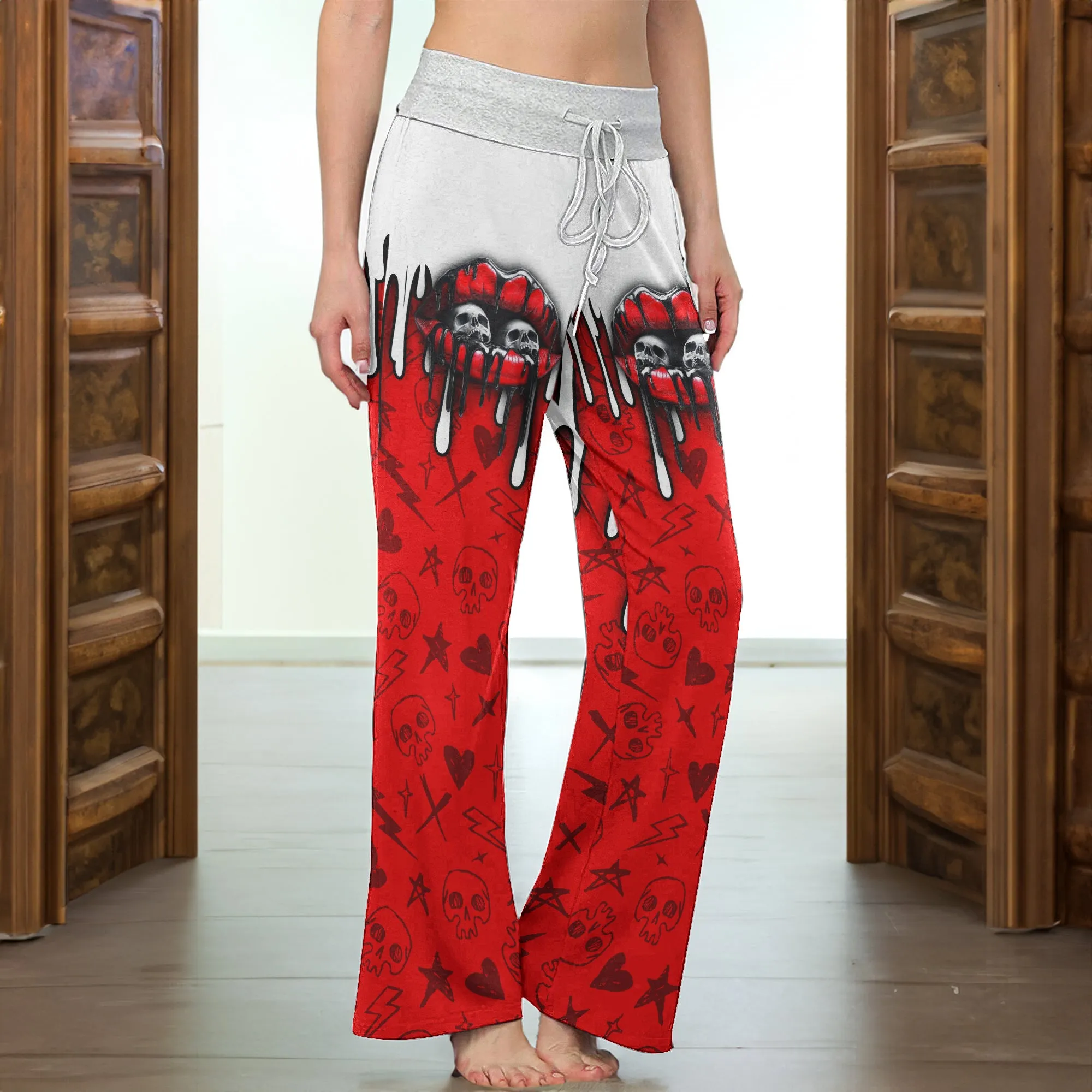 Red Skull Lip Melting Women's High-waisted Wide Leg Pants