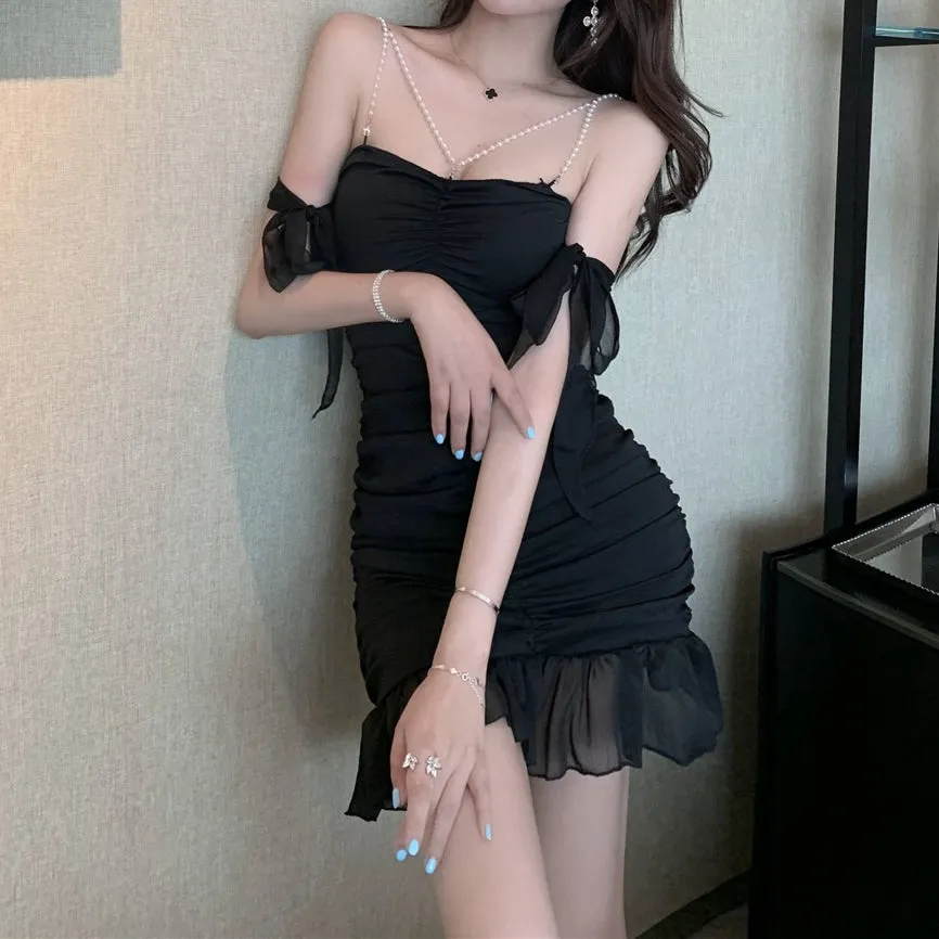 Sexy Off Shoulder Pearl Slim Cami Cocktail Dress