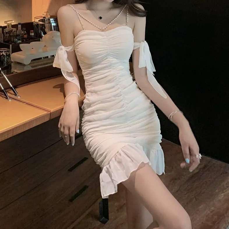 Sexy Off Shoulder Pearl Slim Cami Cocktail Dress