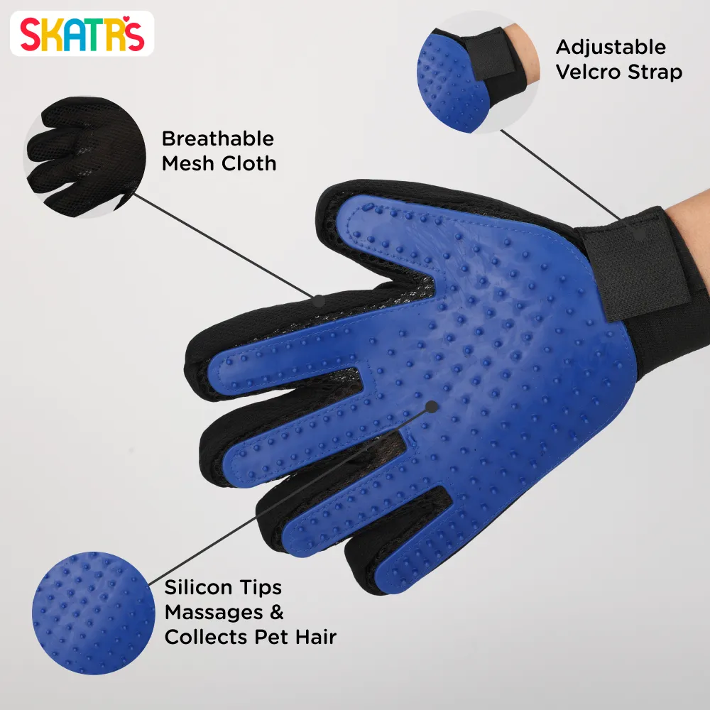 Skatrs Mess Free Deshedding Grooming Gloves for Dogs and Cats (Blue)