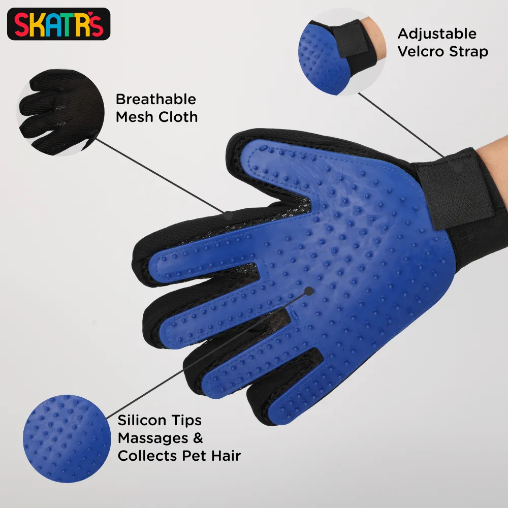 Skatrs Mess Free Deshedding Grooming Gloves for Dogs and Cats (Blue)