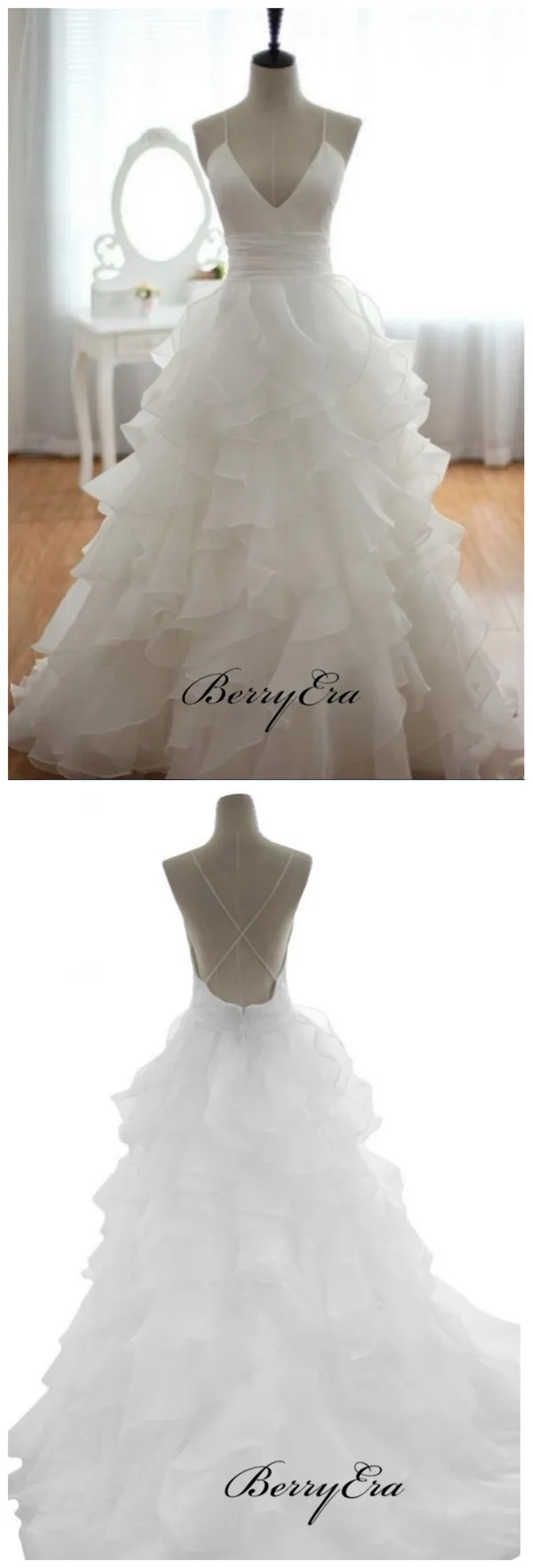 Spaghetti Straps Fluffy Wedding Dresses, Organza A-line Trendy Wedding Dresses