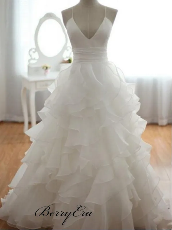 Spaghetti Straps Fluffy Wedding Dresses, Organza A-line Trendy Wedding Dresses